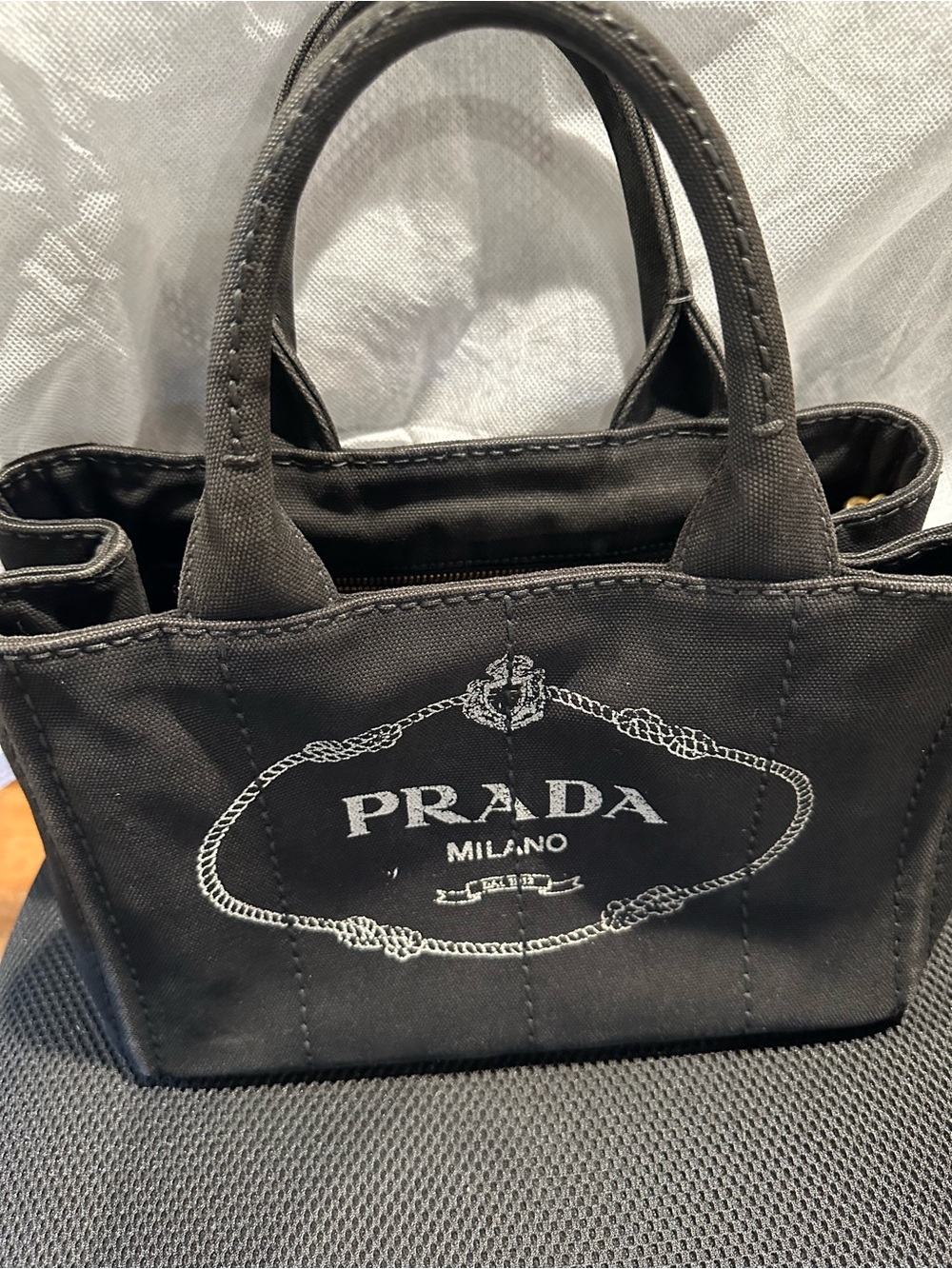 Prada Black Canapa Tote with White Logo - Picture 2 of 11